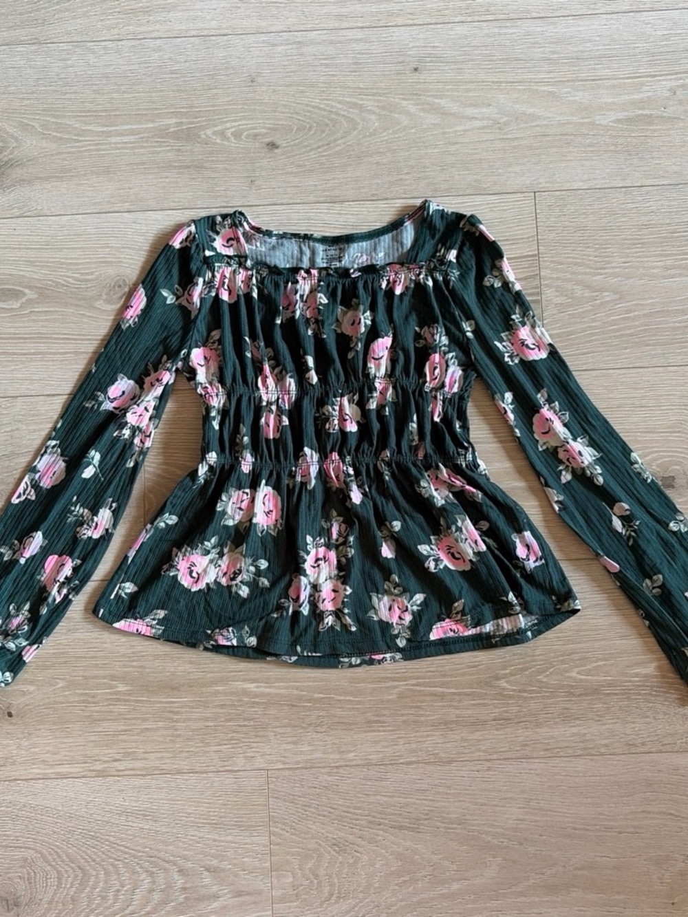 One Step Ahead Dark Green Long-Sleeve Floral Smocked Top